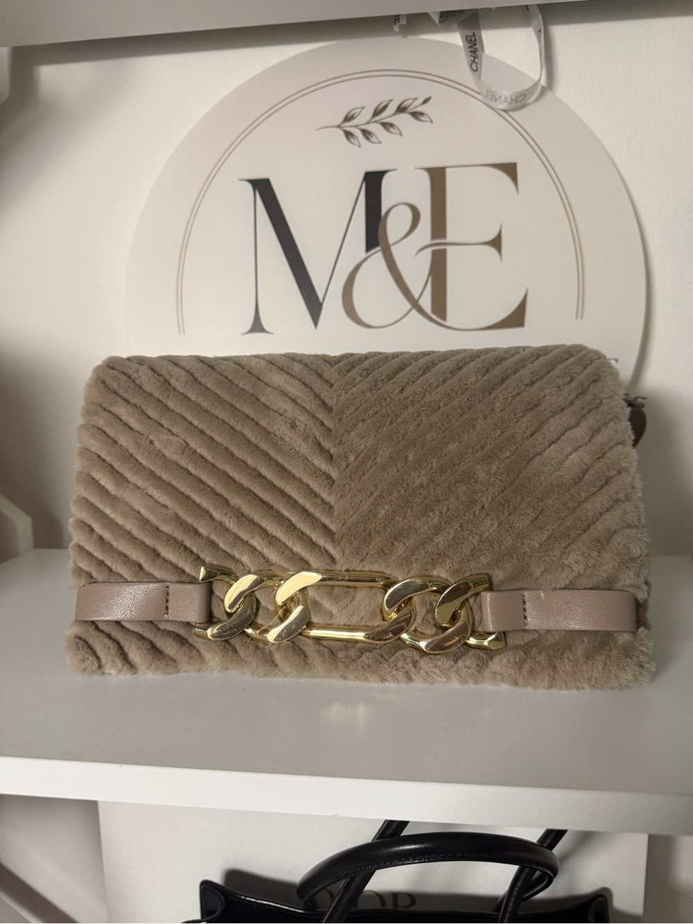 INC International Concepts Taupe Faux-Fur Clutch with Gold Chain